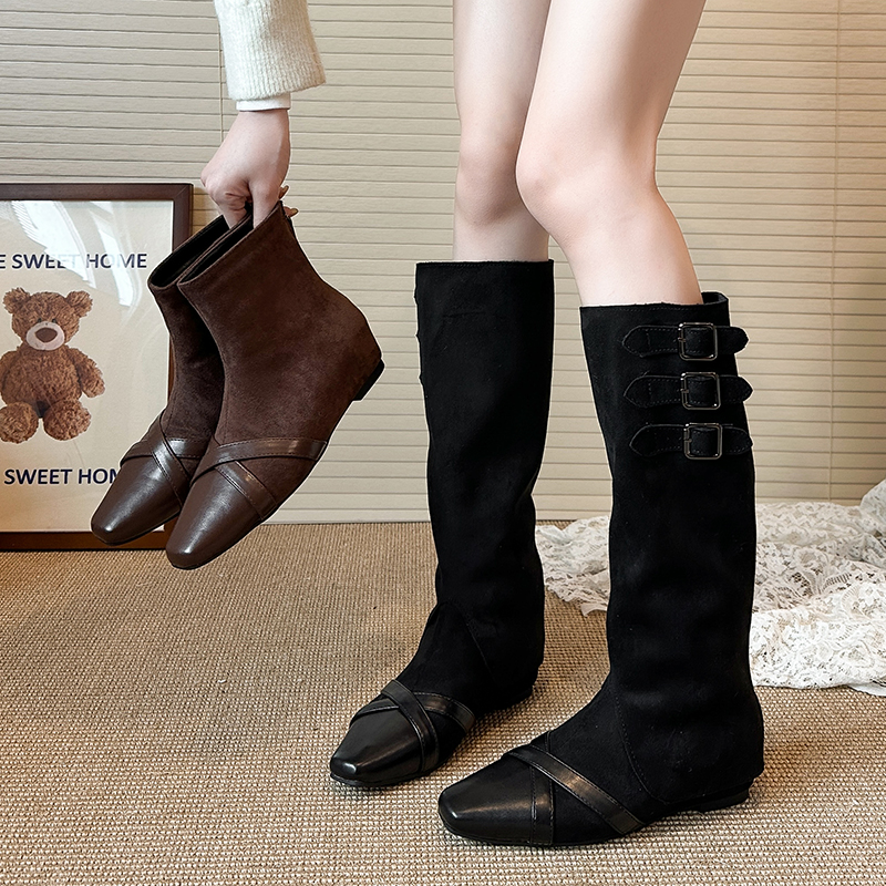 「两件套」复古拼色牛仔长筒2025今年流行靴子长靴瘦瘦百搭秋冬中筒