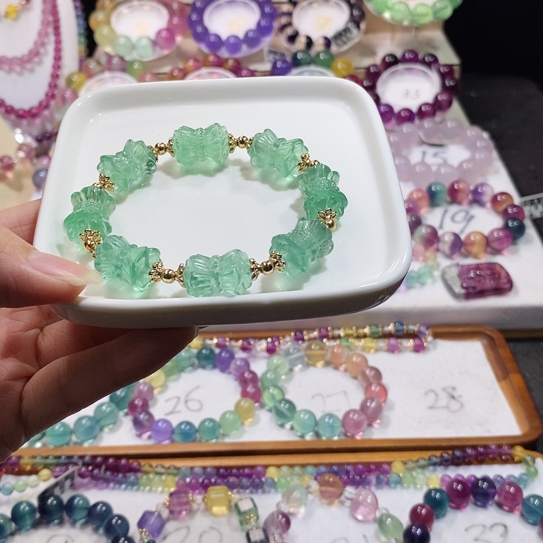 萤石手链未镶嵌薄荷绿并蒂莲花珠