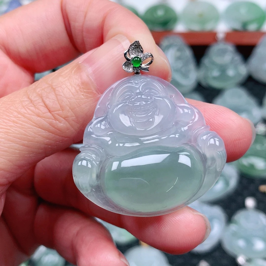 翡翠A货 18k金镶嵌冰润半山水晴底佛公吊坠