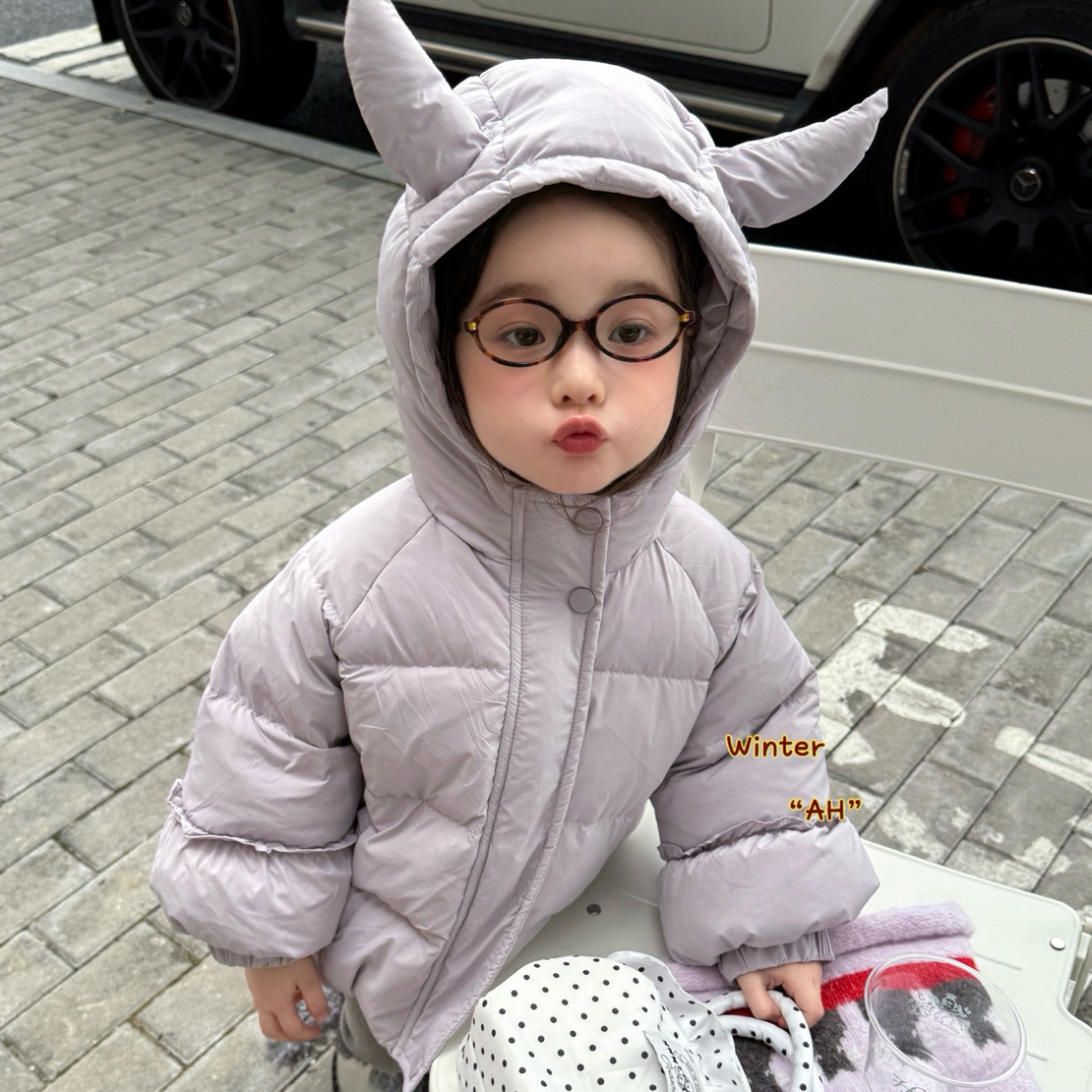 AH正品女童羽绒服立体可爱小恶魔紫色羽绒服外套保暖厚实羽绒服