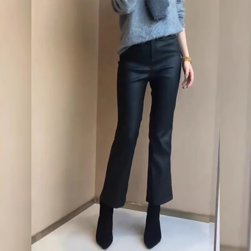 黑色微喇皮裤女2025年春季新款大码梨形身材小个子高腰九分休闲裤