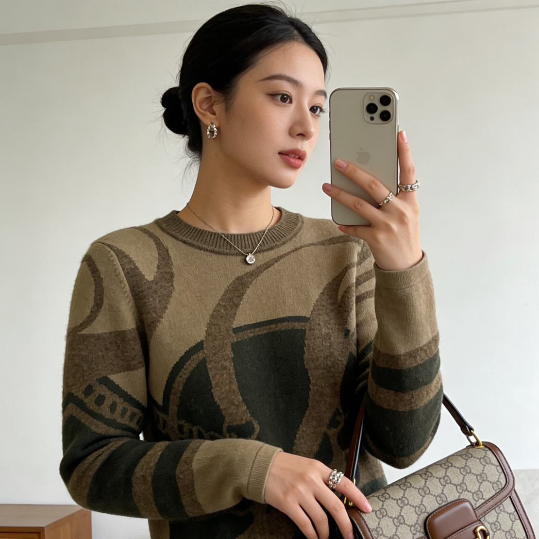 99新 Hermes/爱马仕 D500053/印花图案针织毛衣/38码