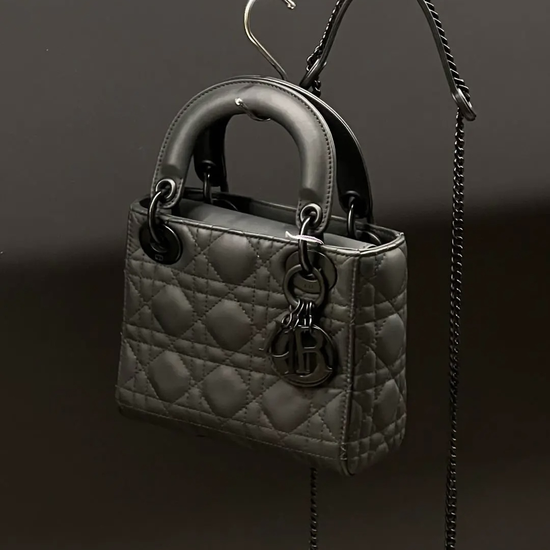 99新 DIOR/迪奥 6763 黑色磨砂so black三格戴妃手提斜挎包23