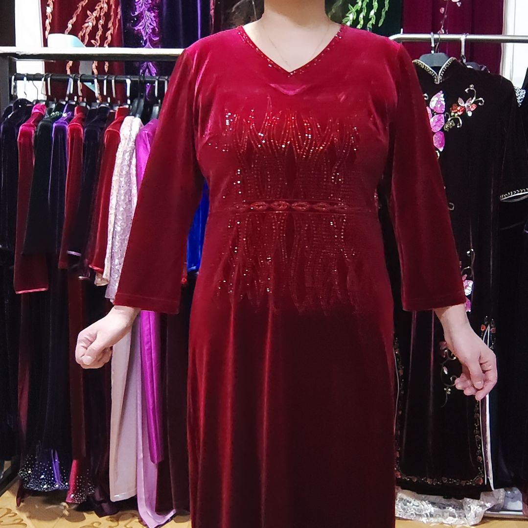 用***1深酒红金丝绒v领韩国高级金丝绒两侧开叉连衣裙2XL码偏大
