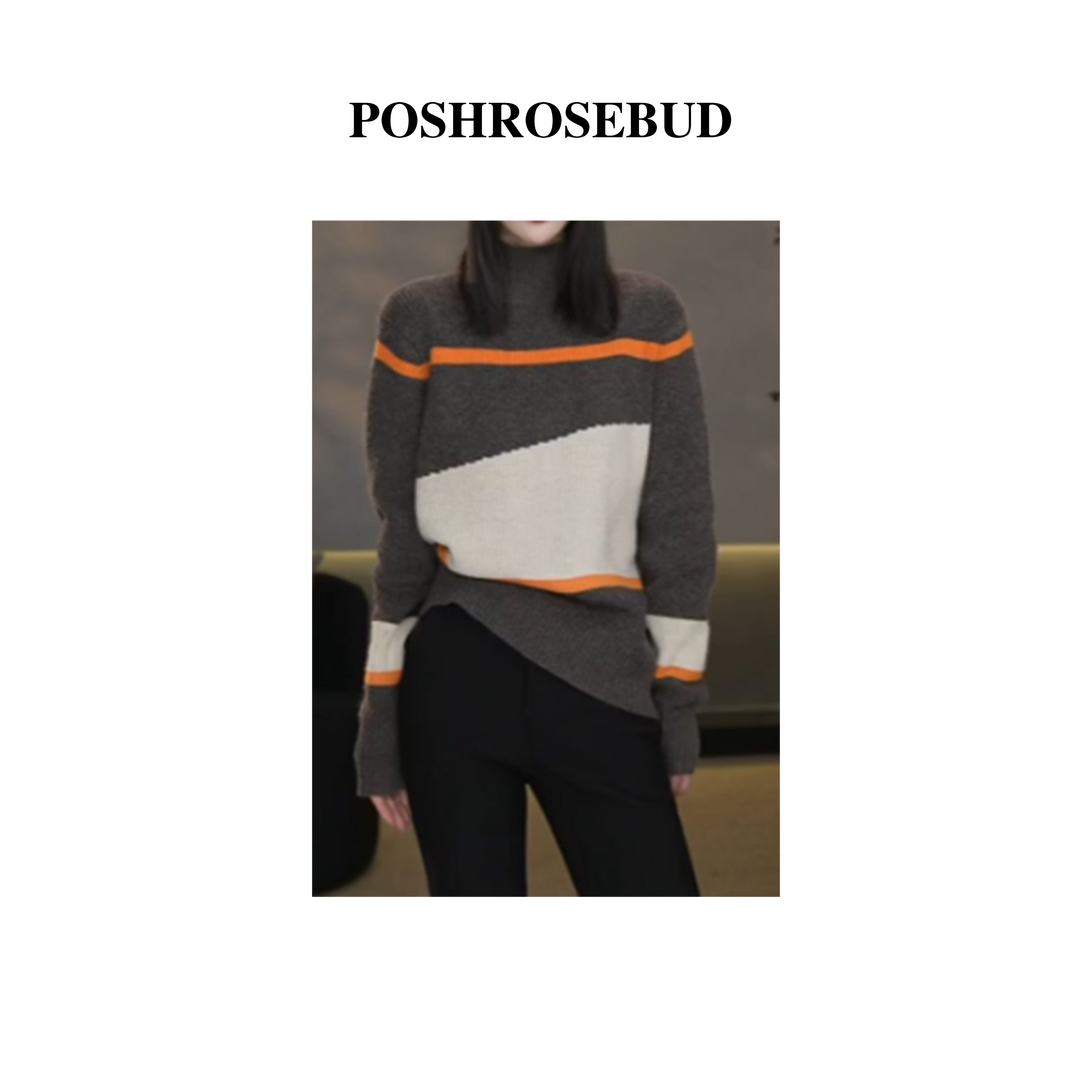【POSHROSEBUD】5232法式拼色半高领时尚气质女长袖秋冬百搭毛衣