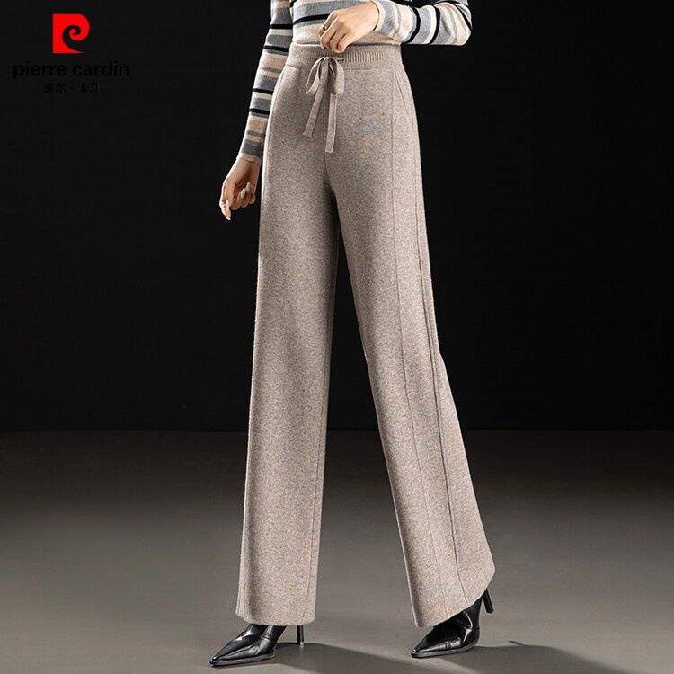 皮尔卡丹羊毛裤女外穿厚针织保暖高腰阔脚裤宽松垂感直筒休闲长裤