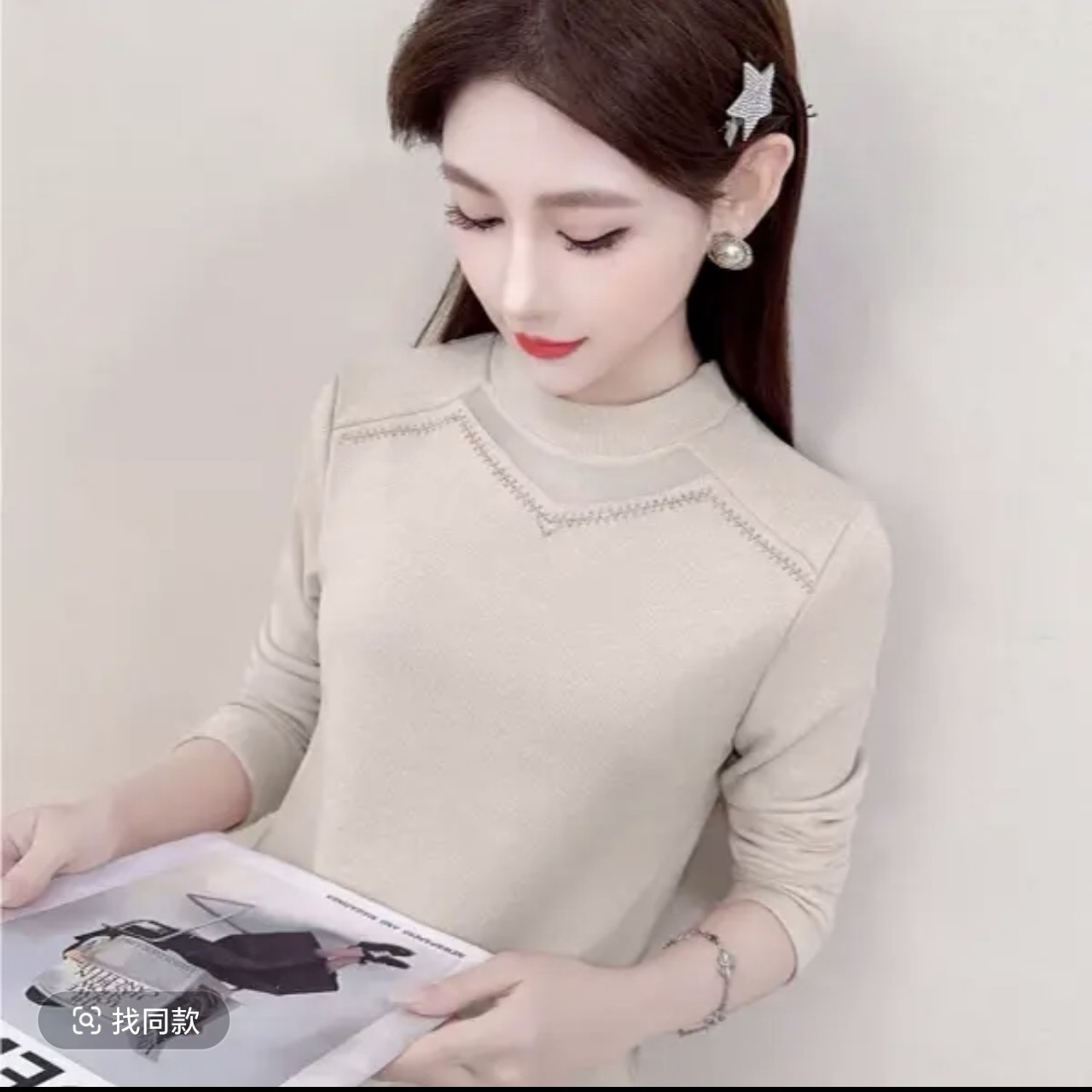 00075蕾丝拼接烫砖半中领秋冬时尚洋气双面绒显瘦长袖百搭打底衫