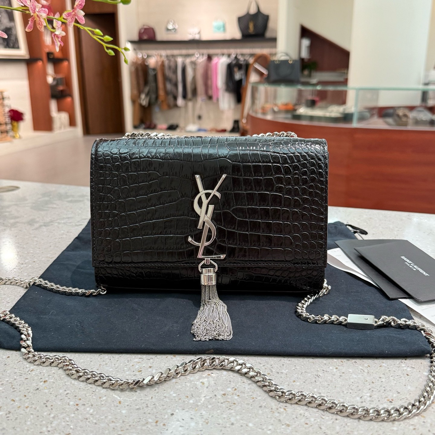 99新 YSL/圣罗兰 黑银鳄鱼压纹Kate流苏小号