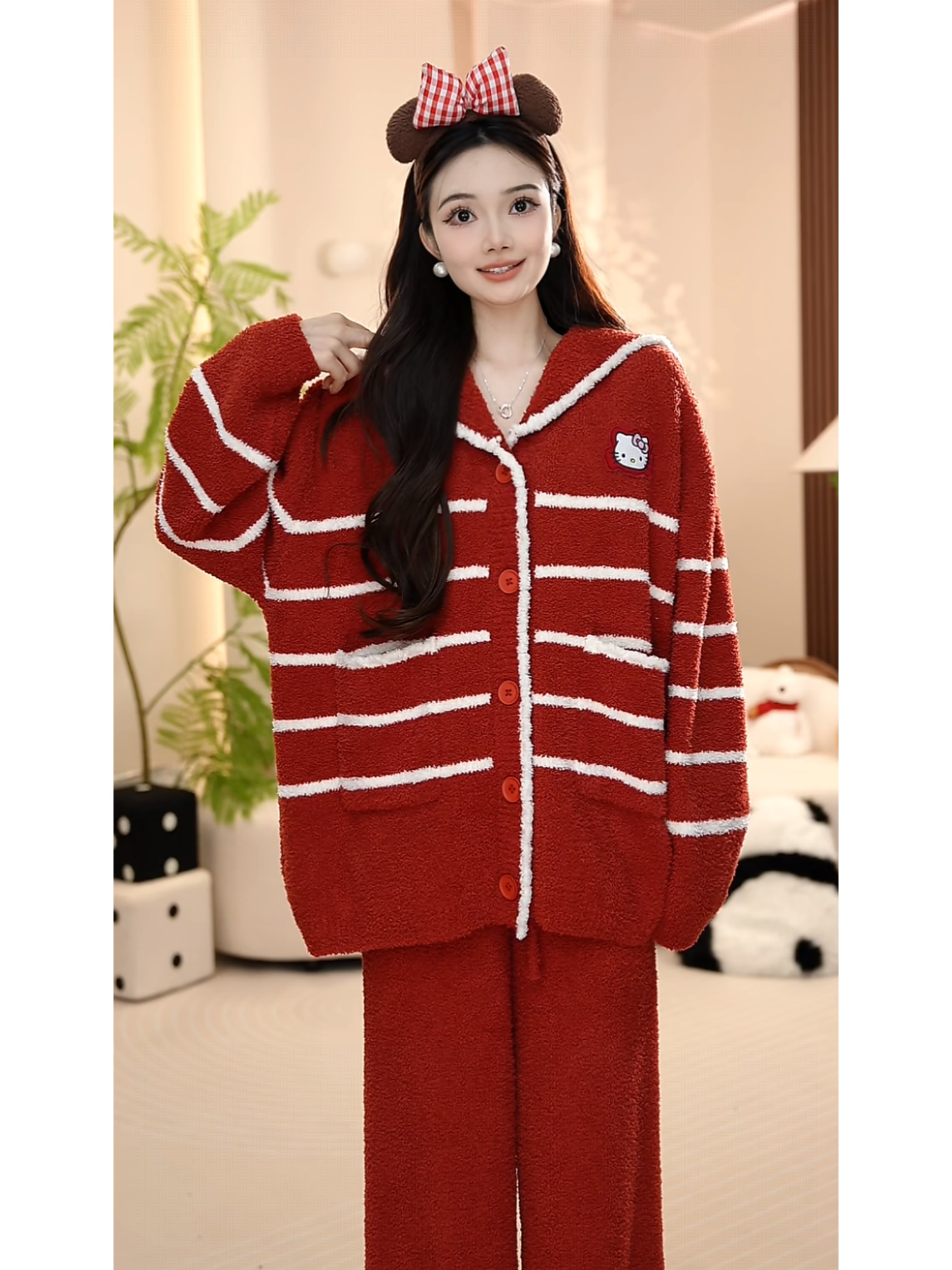 【kitty】可外穿半边绒冬季红色加绒加厚家居服软绵绵宽松睡衣套装