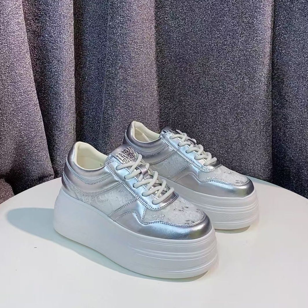 C2808  银色  春夏时尚百搭圆头系带女休闲板鞋 小白鞋