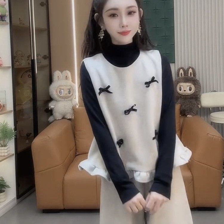 韩系减龄风冬季蝴蝶结毛呢马甲阔腿裤套装女