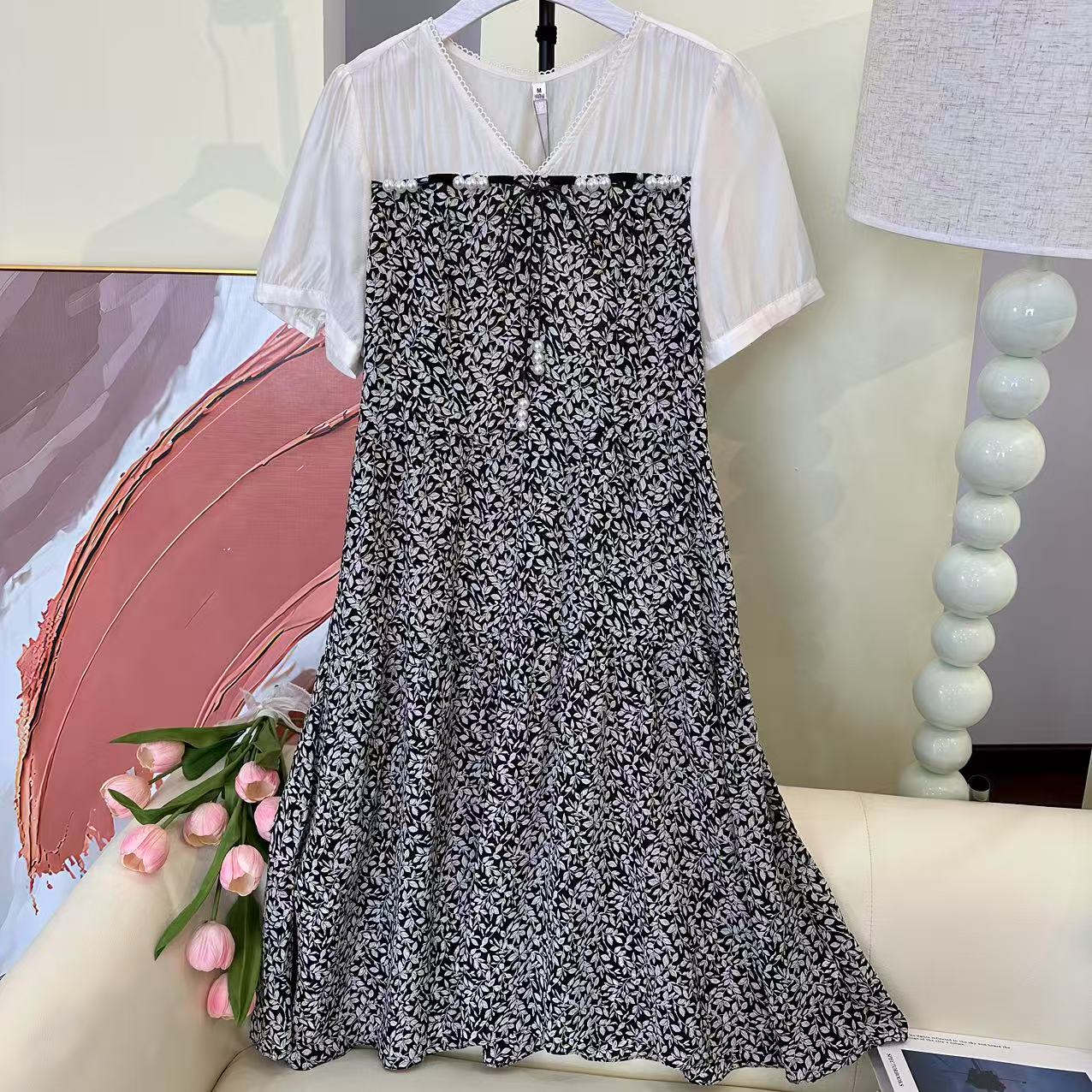 GL27066 碎花复古女装挂脖式夏季春夏薄款连衣裙