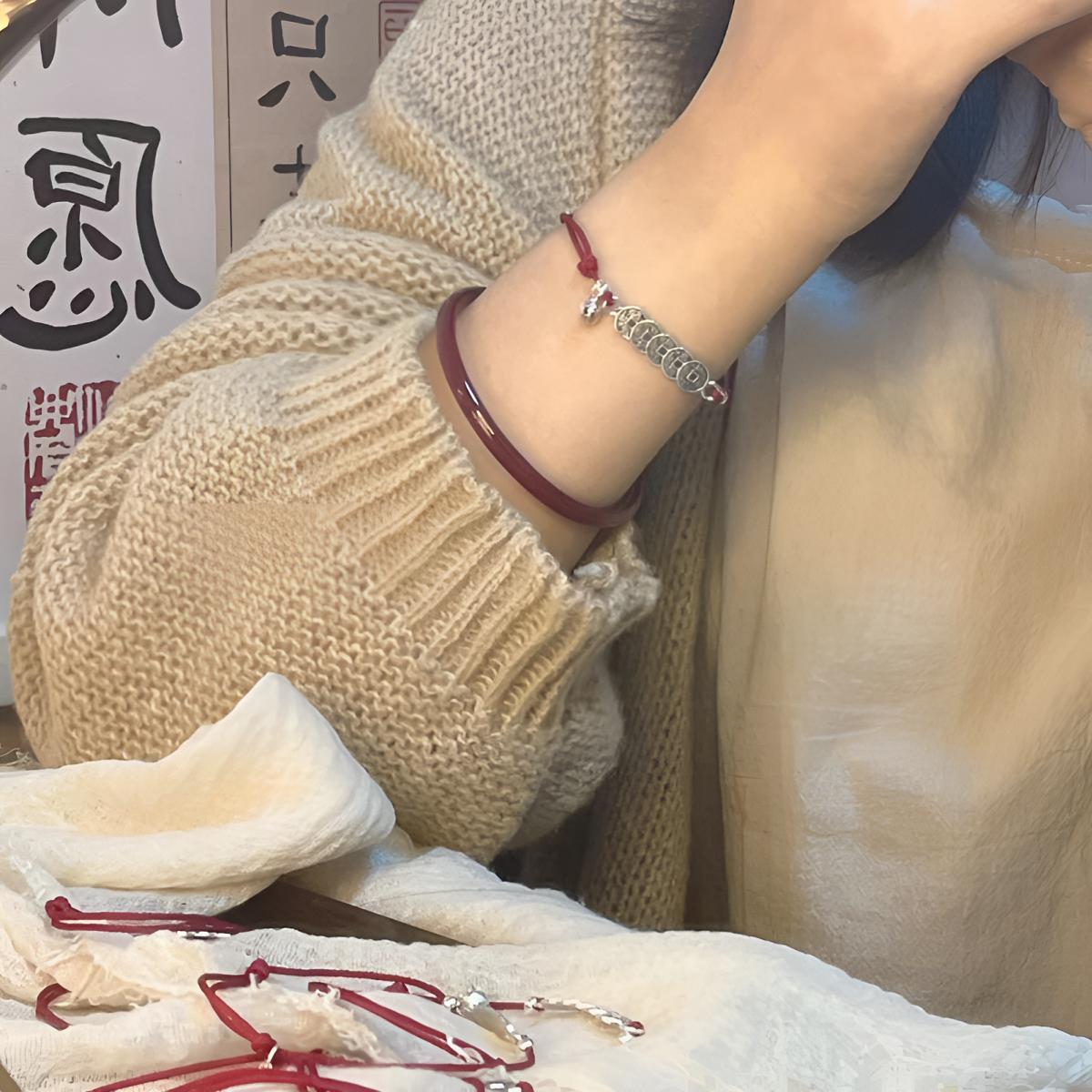 足银手链 五帝钱转运铃铛999纯银手链本命年可调节中国风编织手绳