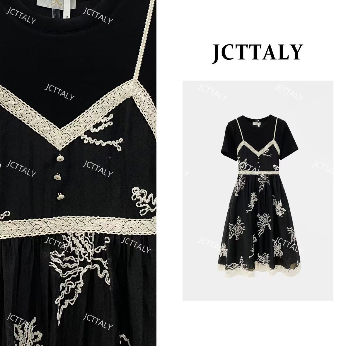 【Linda】【43】轻奢复古印花黑白拼接时尚短袖潮流连衣裙NH-A056