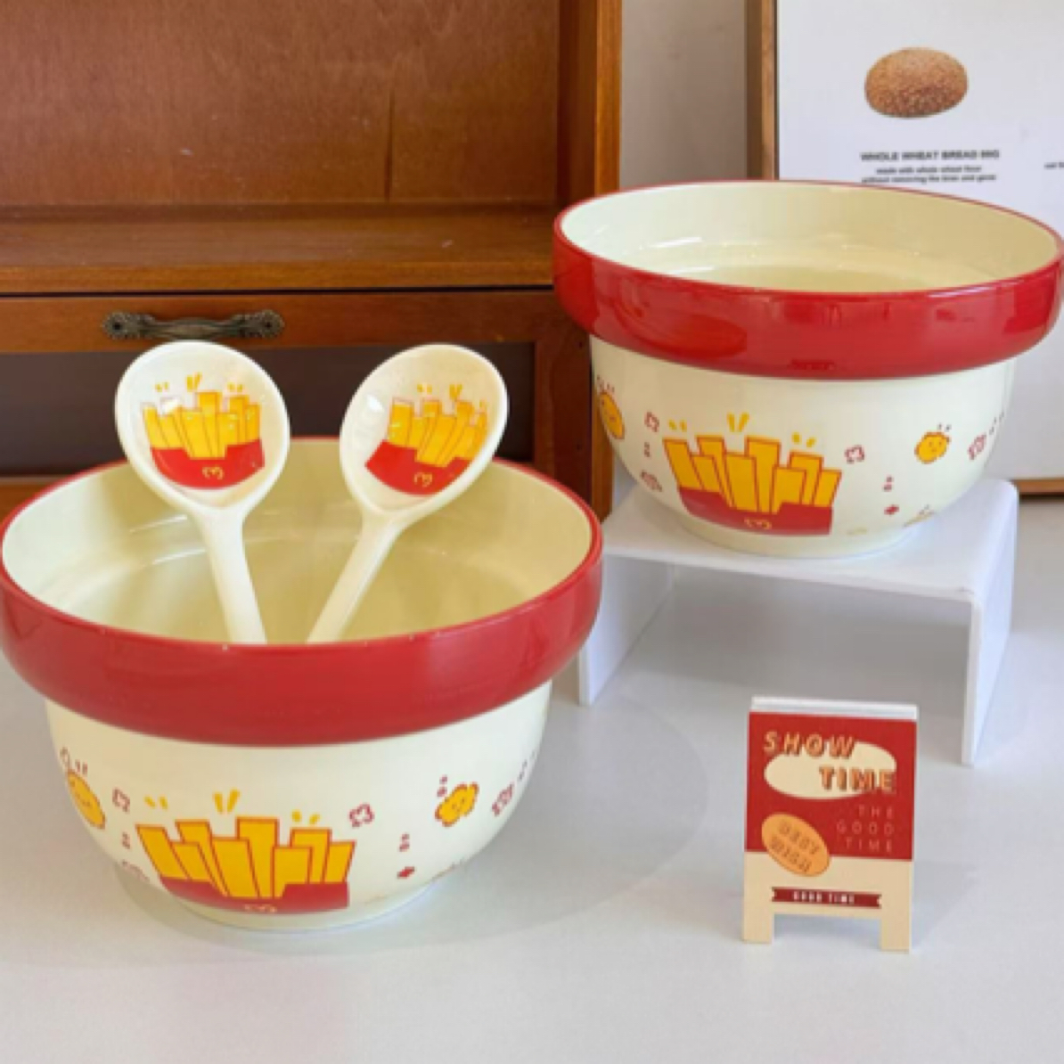 【新品来袭】炸鸡薯条6英寸面碗两碗两勺 可爱餐具陶瓷沙拉碗汤碗