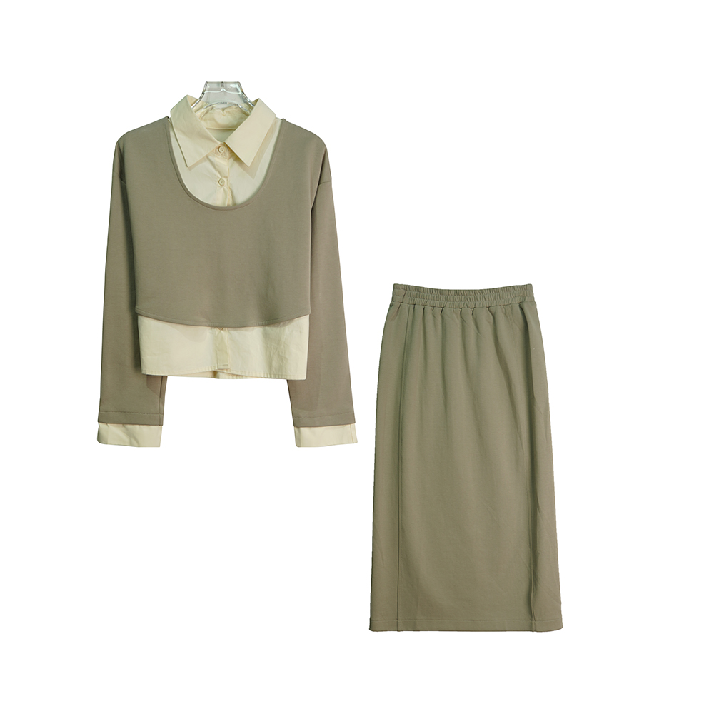 E8828【新款】时尚灰色假两件上衣配高腰半身裙套装