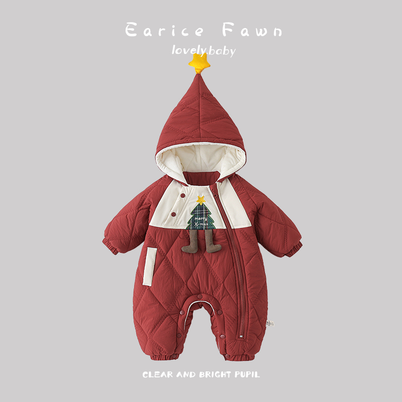 YM婴儿衣服冬款加厚夹棉连体衣小月龄宝宝外穿连帽加绒棉衣可爱抱