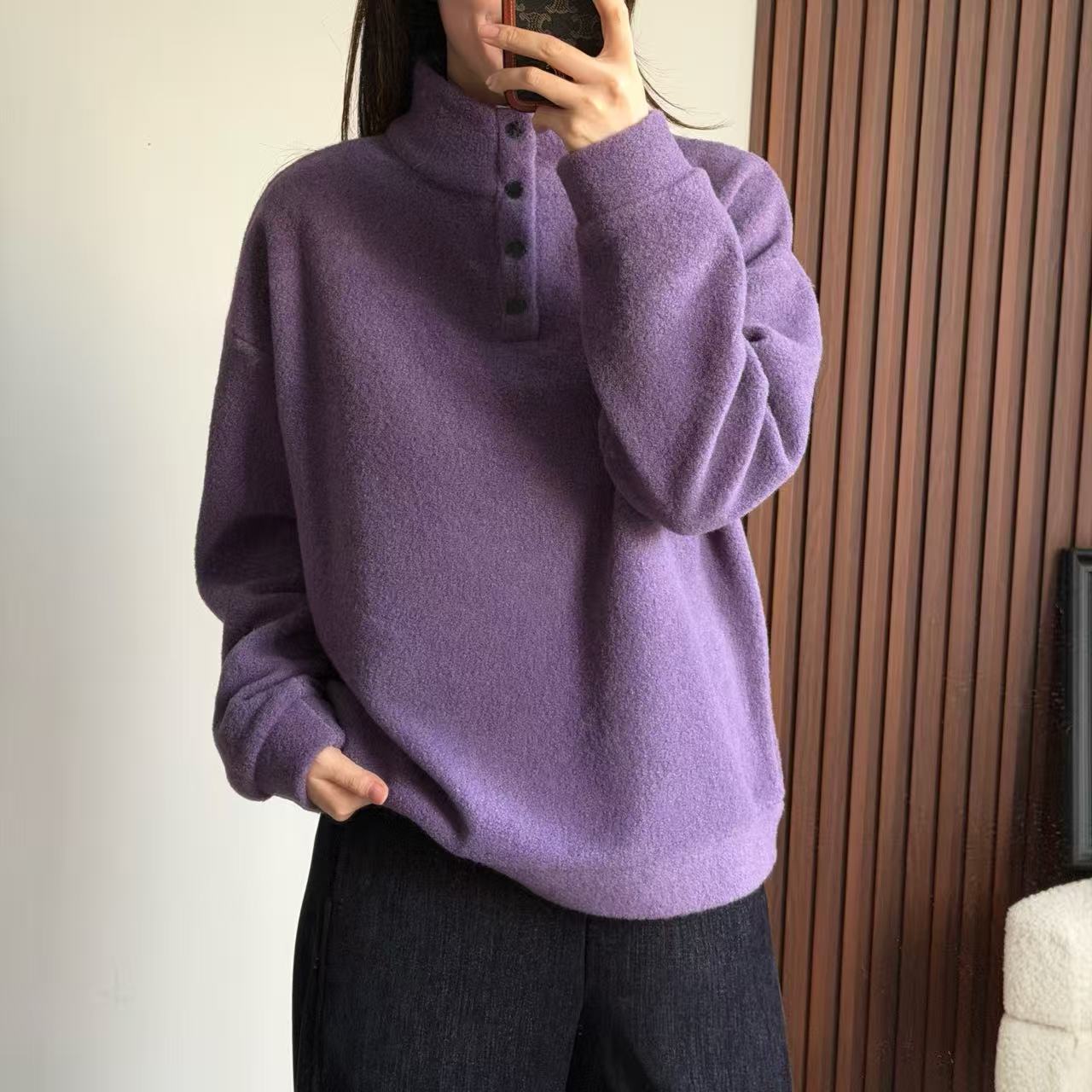 NANA【绒绒卫衣】冬季580g按扣立领纯色加厚长袖卫衣宽松保暖C0657