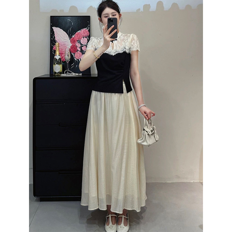 （女装）3123 新中式气质立领蕾丝短袖上衣搭配时尚休闲半身裙套装