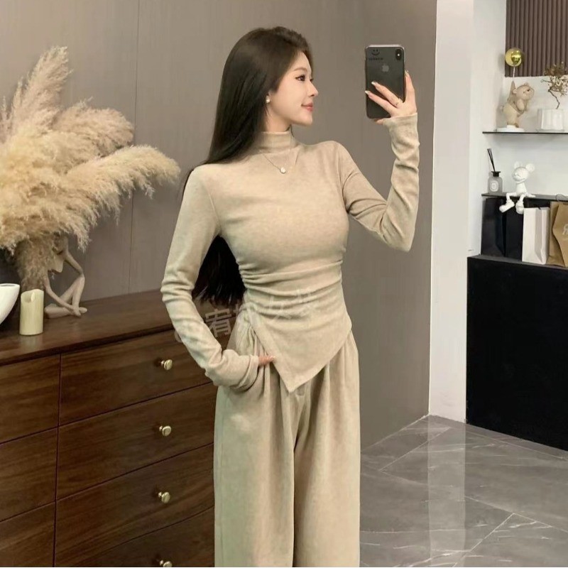 大码胖mm不规则半高领针织长袖T恤女加厚秋冬内搭修身上衣打底衫