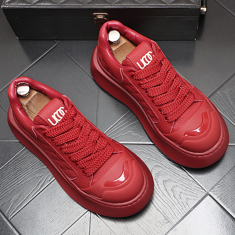 红色新年款时尚百搭板鞋个性男士厚底大头时尚休闲鞋