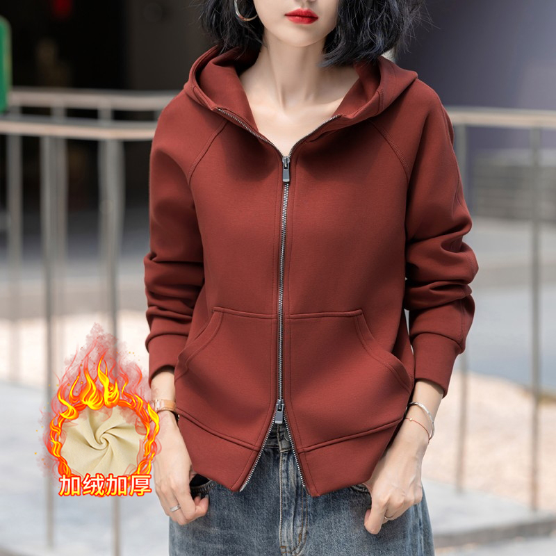 冬季新款加绒加厚保暖外套德绒复合超柔宝宝绒纯色连帽口袋卫衣女