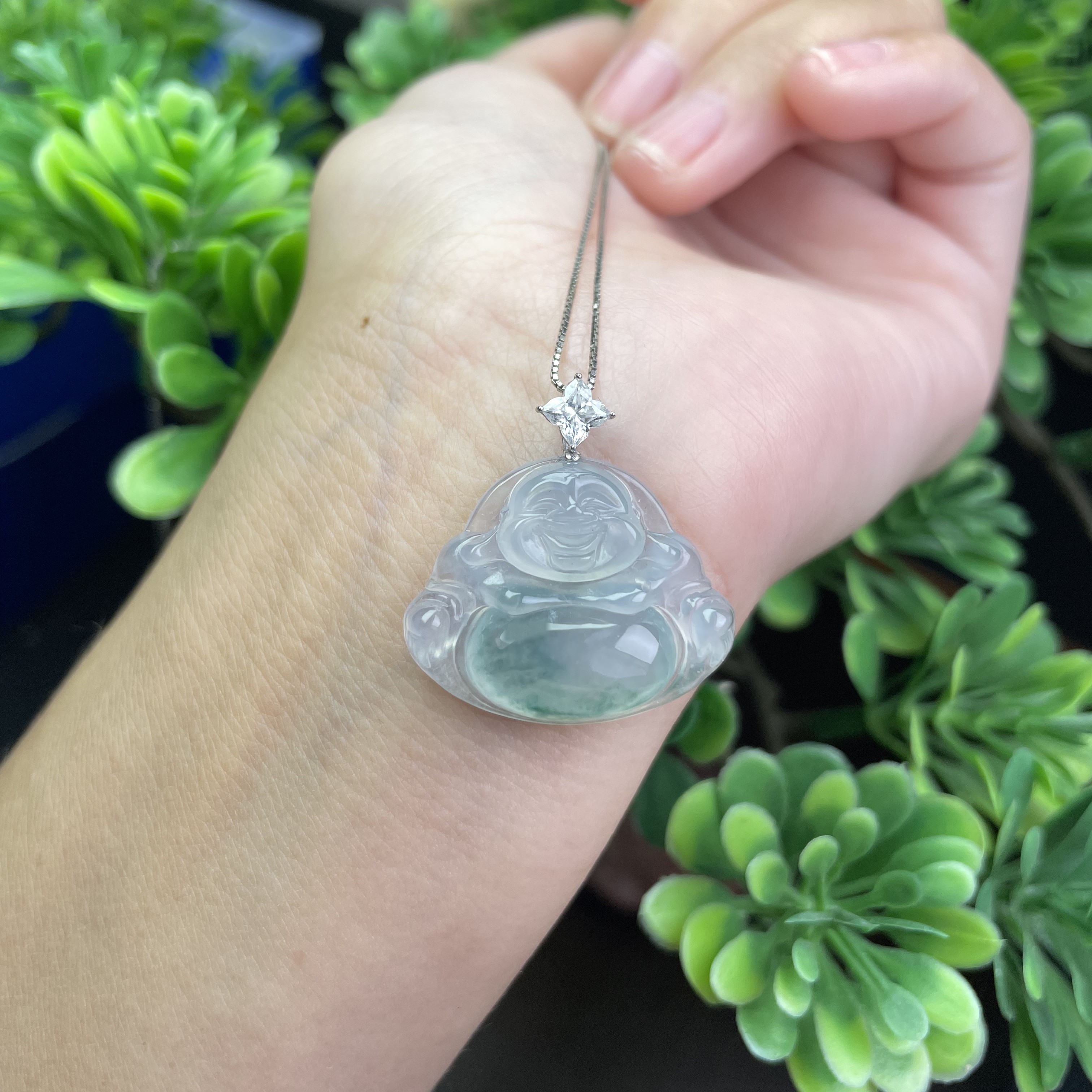 天然缅甸A货翡翠高冰透灵动飘花意境山水翡翠佛公