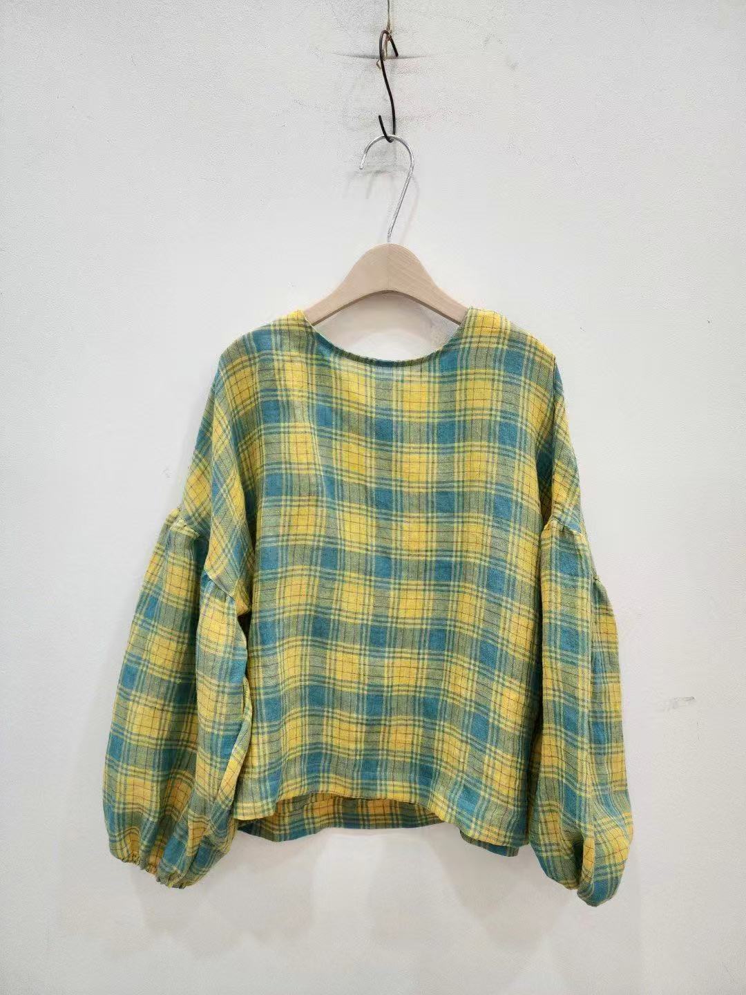 东大门正品-黄绿格泡泡袖衫（no退no换）