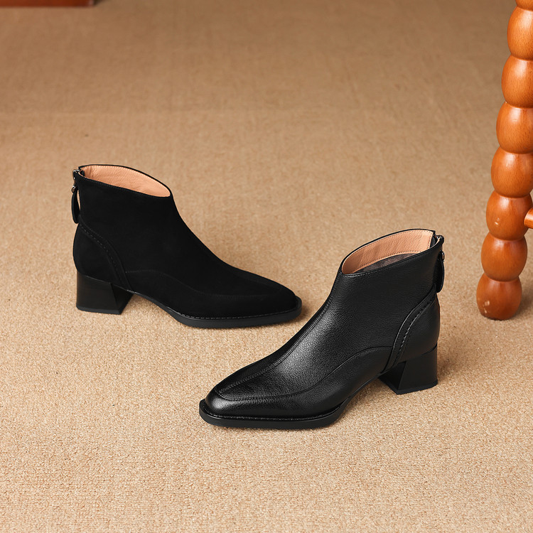 新款矮筒靴子休闲风简约冬季中跟法式粗跟短靴女秋冬季靴子加绒