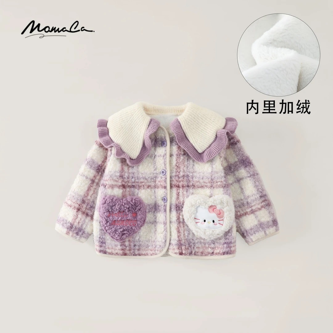MOMOCO冬季25新款女童洋气翻领紫色爱心可爱毛呢外套77830107038