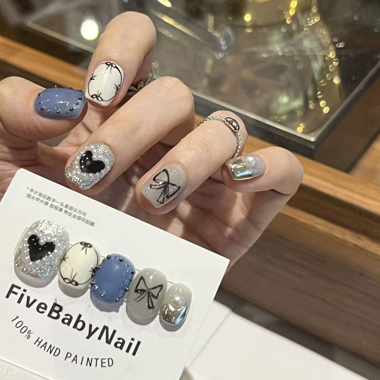【桃心慕斯】FIVEBABY纯手工手绘珍珠爱心蝴蝶结俏皮日常设计穿戴甲