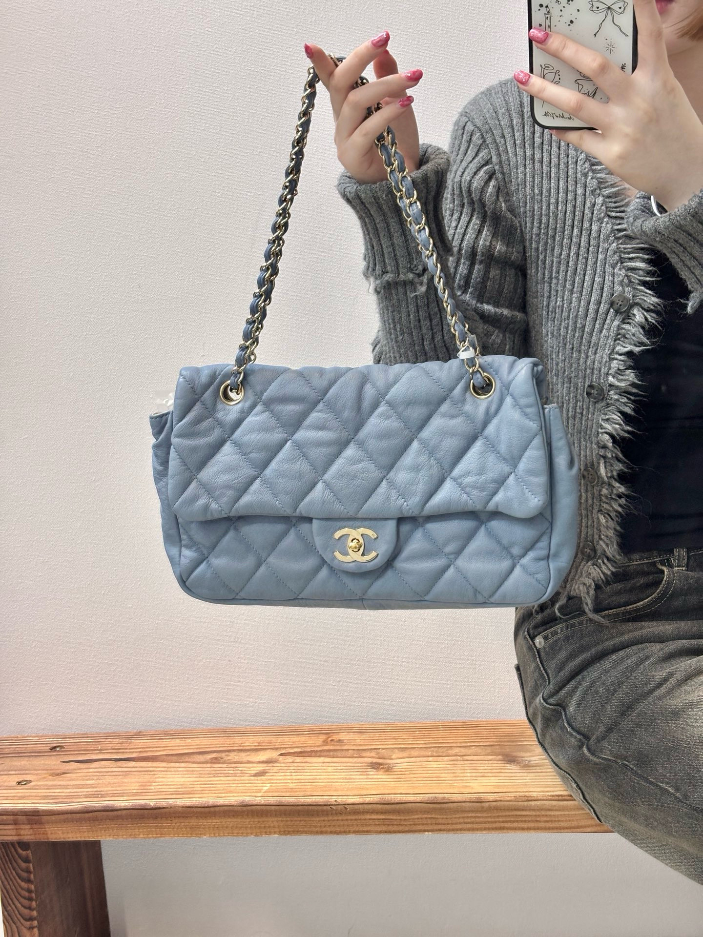 95新 Chanel/香奈儿 chanel 蓝色cf斜挎包（K）