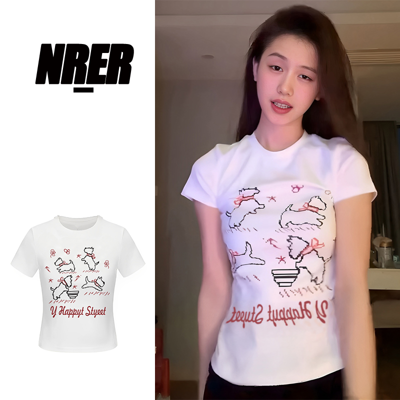 NRER韩式正肩春游出行衣服穿搭女款短袖夏季修身显瘦海星印花T恤