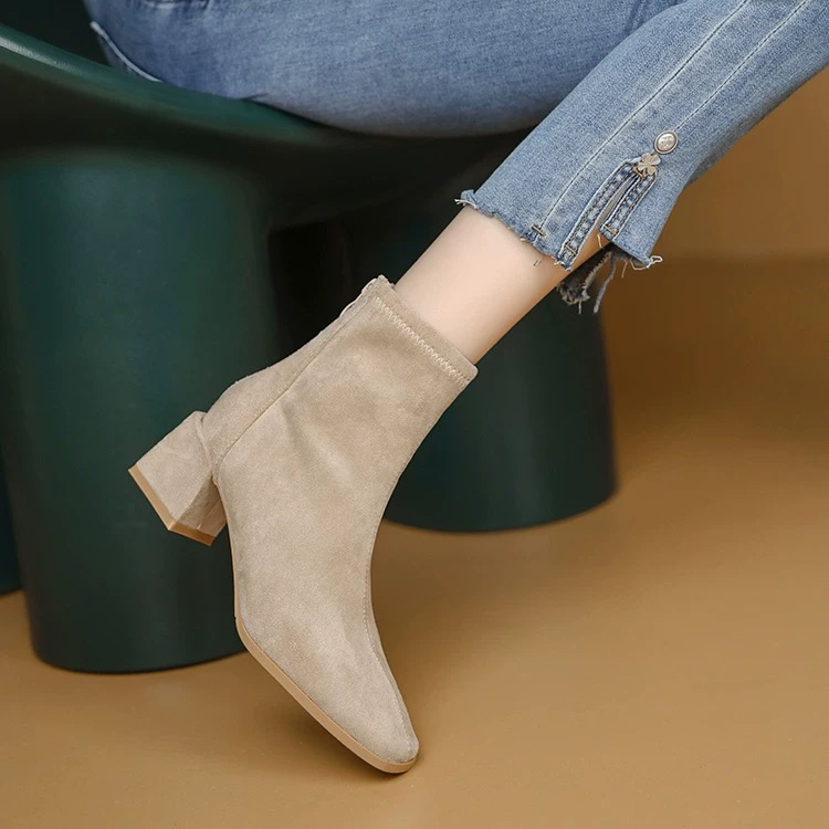 万达撤柜裸色高跟短靴女春季法式5公分小跟久站不累弹力瘦瘦方头