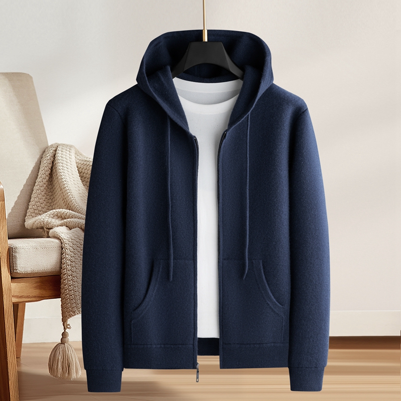 男士重磅加厚100%纯山羊绒开衫休闲时尚连帽针织外套帽衫670~800g