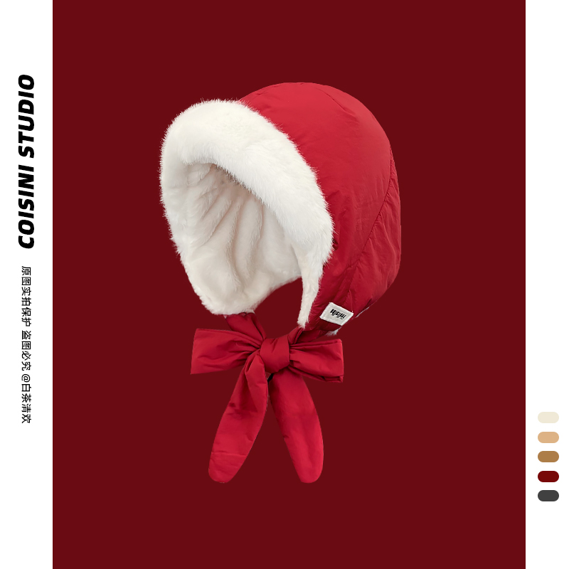 加绒加厚红色绑带护耳雷锋帽女生冬季保暖骑行毛绒包头帽子可当包