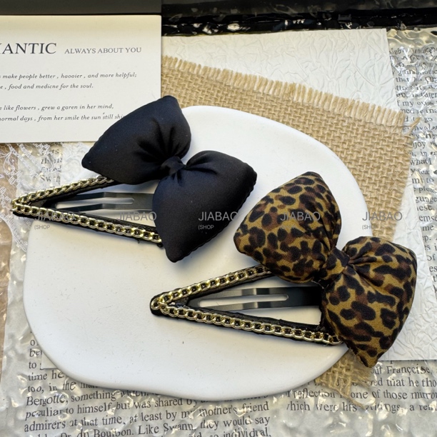 秋冬豹纹蝴蝶结高级感侧边BB夹女甜美百搭头饰发夹