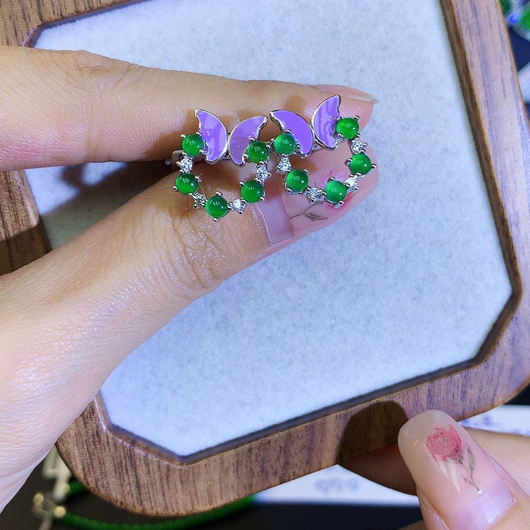 翡翠耳饰银S925镶嵌天然翡翠耳钉