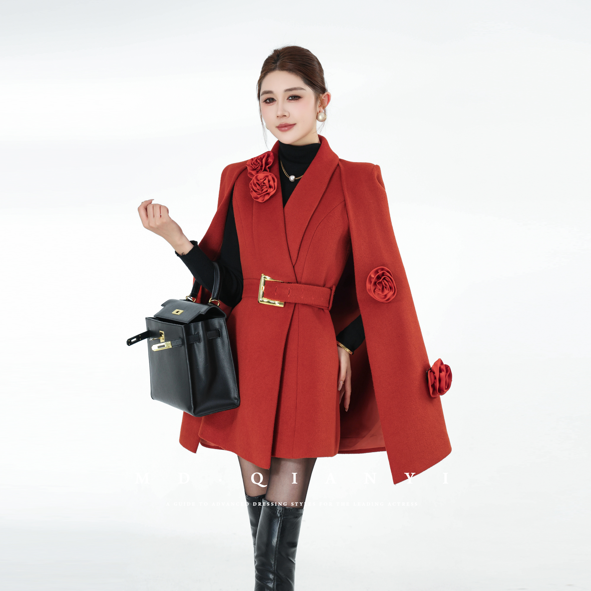 MD定制·杨千亿【茶歇玫瑰】2025冬季显瘦时尚女神斗篷毛呢外套