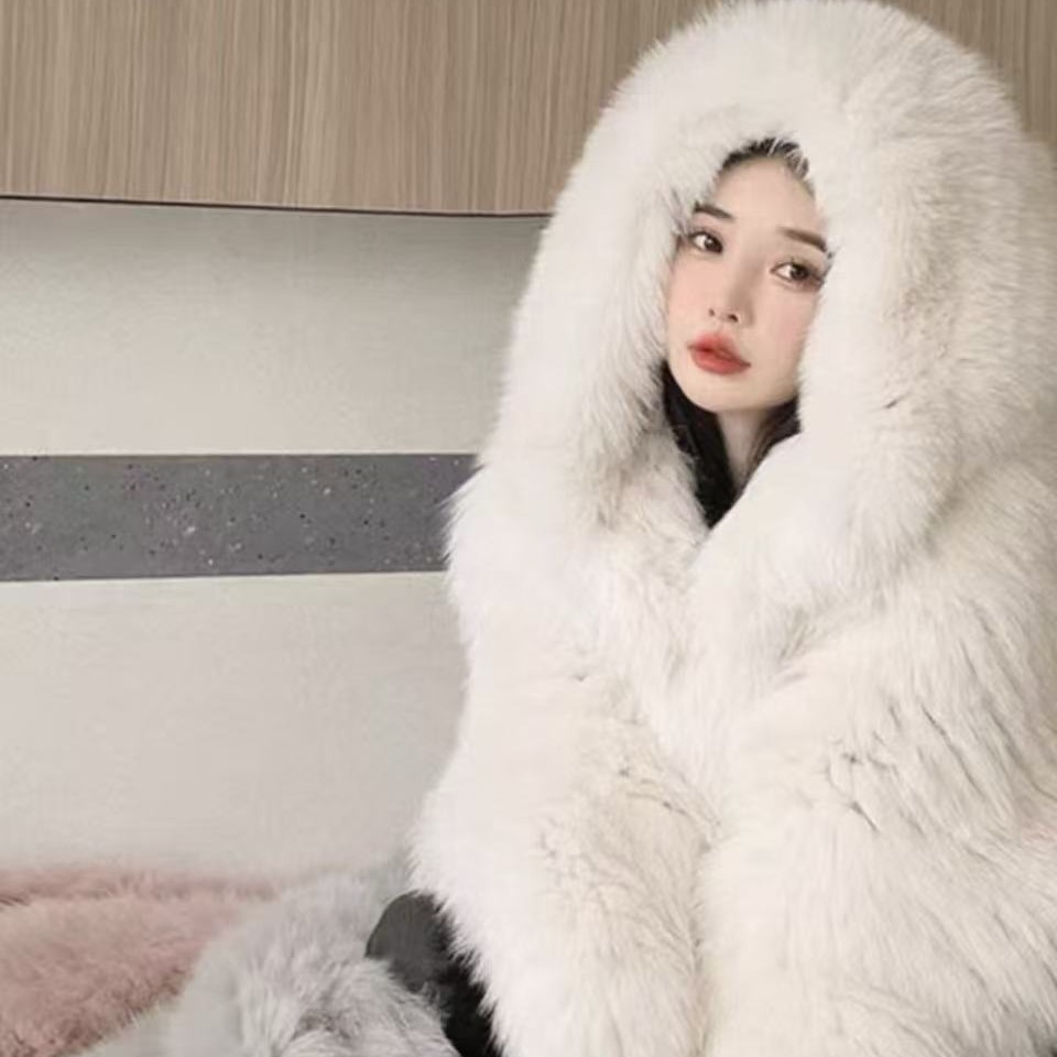 大囍狐狸毛皮草外套女双面编织小白熊2025冬连帽年轻款