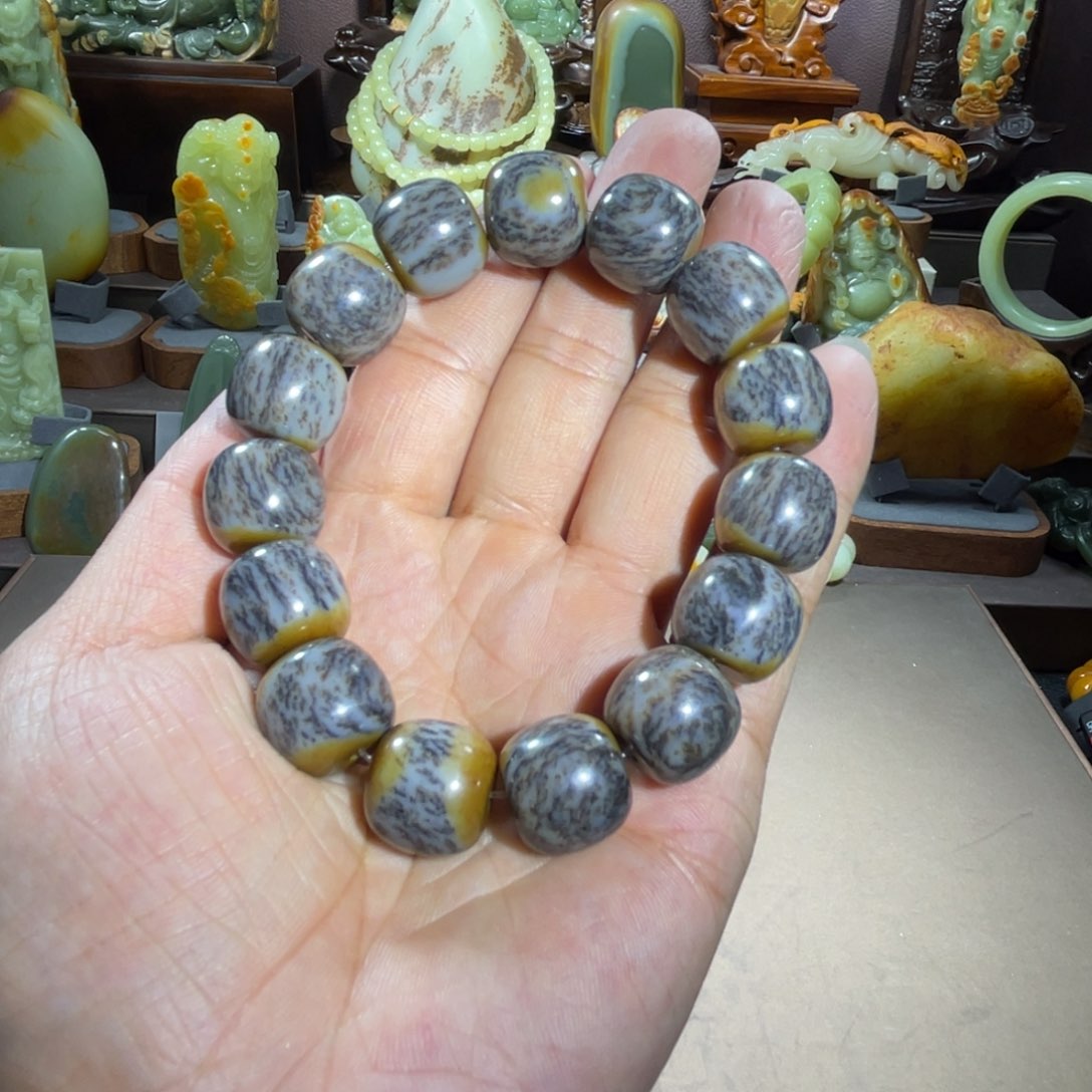 和田玉手串15✖️16黑花未镶嵌