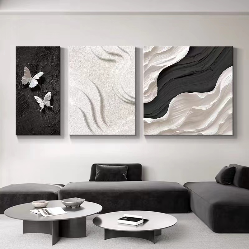 现代简约客厅装饰画黑白灰抽象蝴蝶三联壁画高级感沙发背景墙挂画