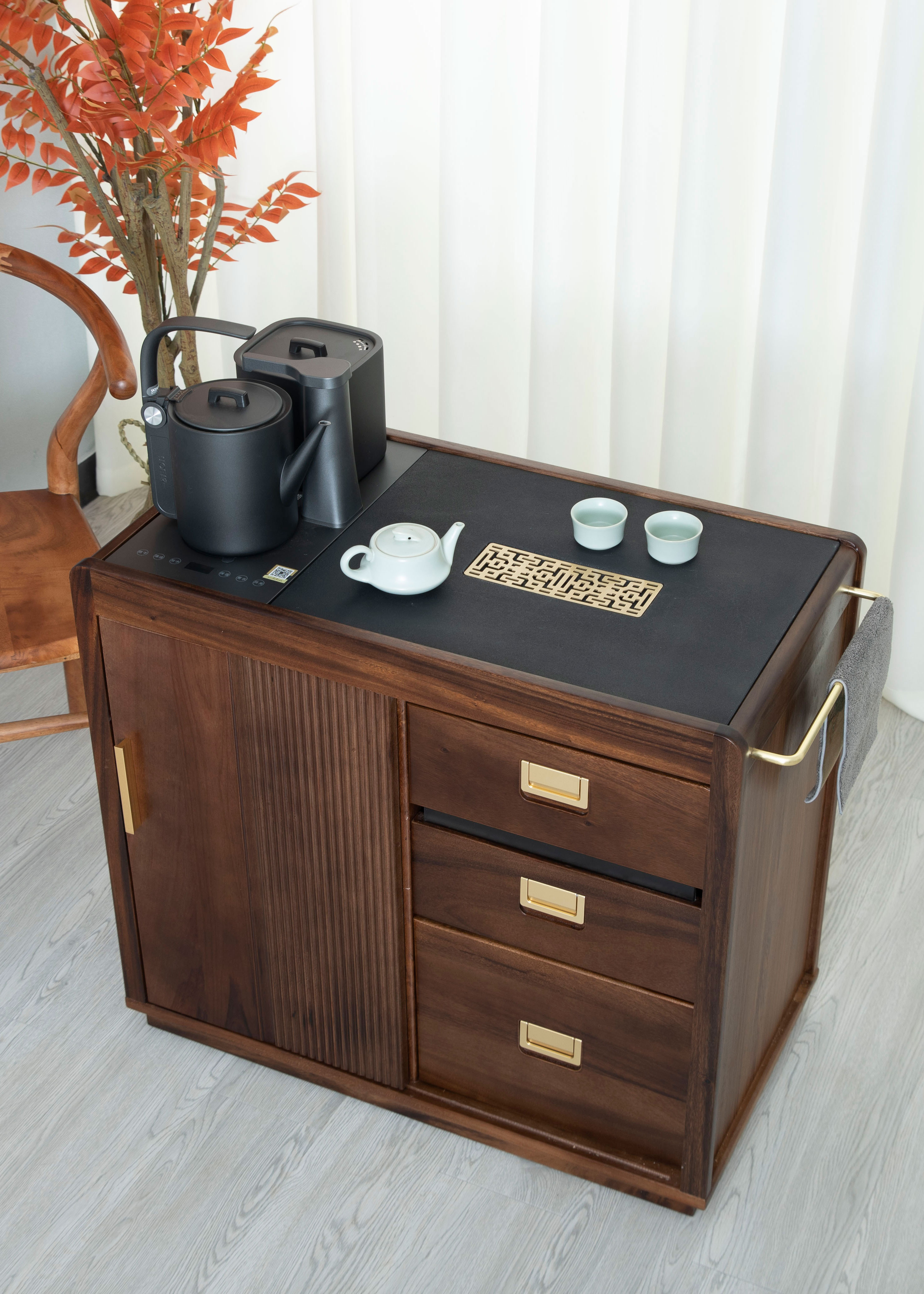 新中式实木南美黑胡桃木茶水柜居家办公客厅边柜烧水置物移动茶桌