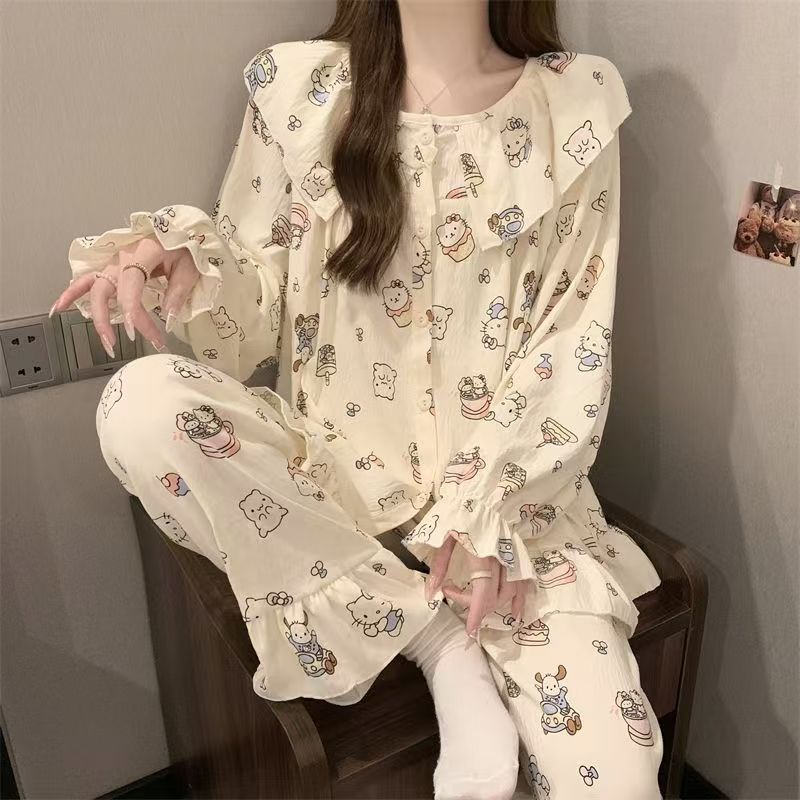 甜美可爱凯蒂猫娃娃领长袖睡衣春秋季薄款公主风家居服