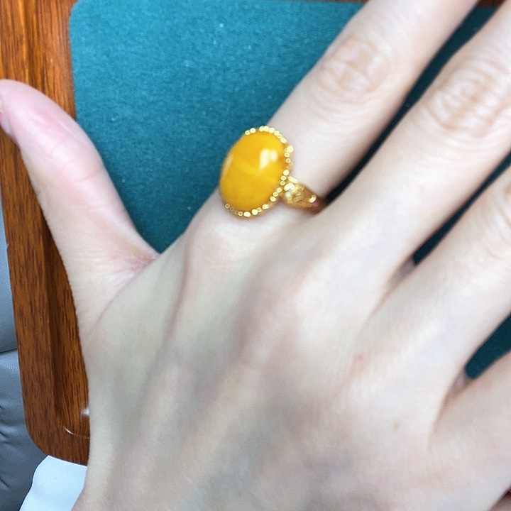 蜜蜡戒指银S925镶嵌戒指