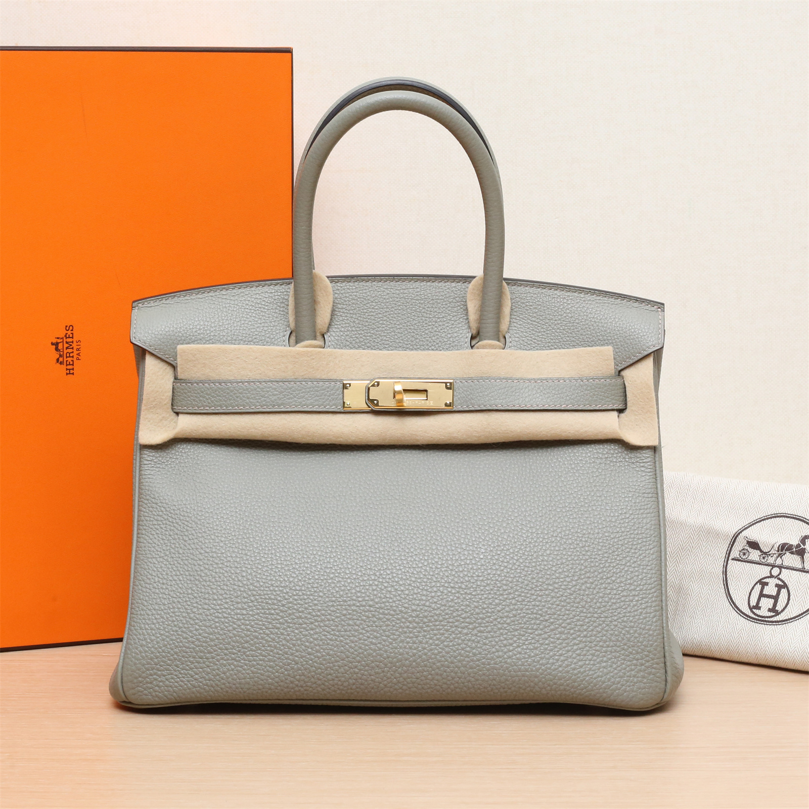 95新 Hermes/爱马仕 小花黑黑 Birkin 30 Q1鼠尾草绿 Togo皮 X刻 