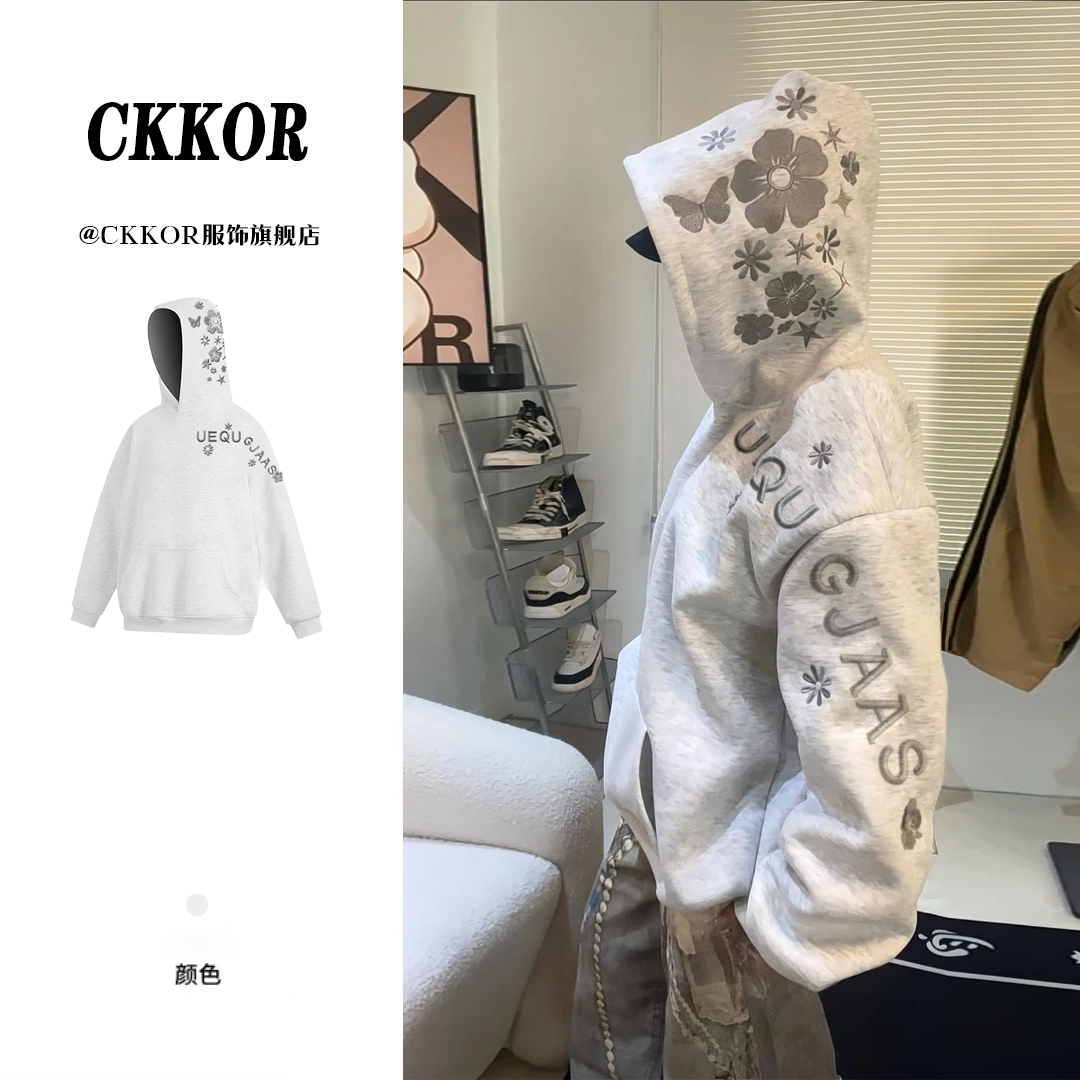 CKKOR秋冬加绒加厚刺绣连帽卫衣女美式高街宽松百搭潮流休闲上衣 