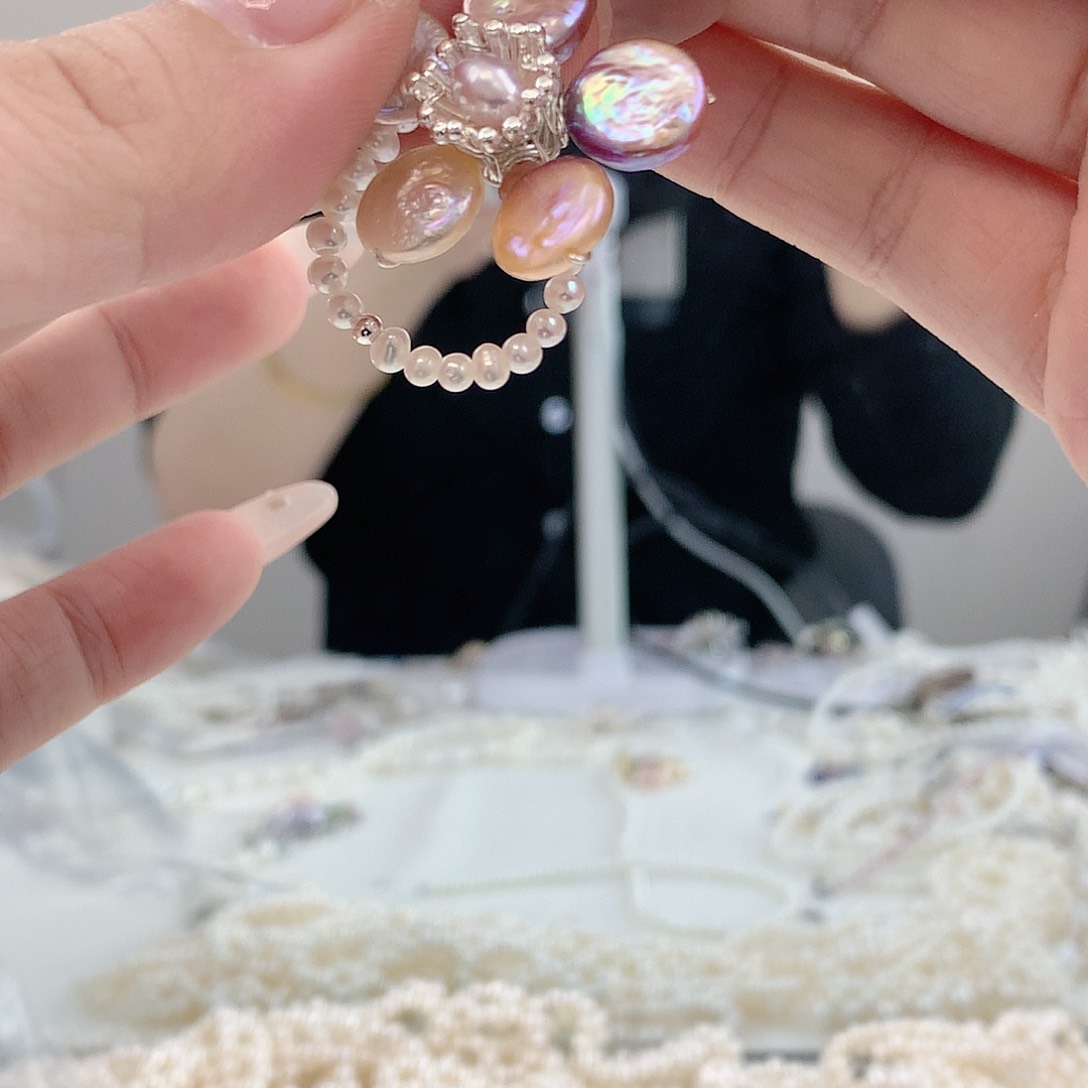 银S925镶嵌耳饰淡水珍珠紫纽扣戒指