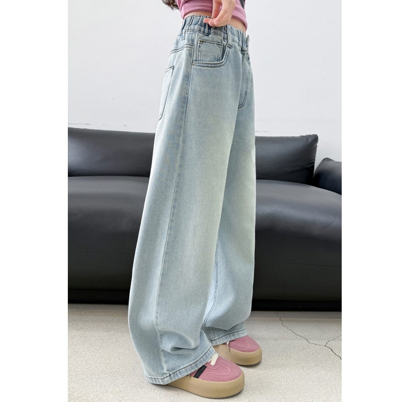 女童牛仔裤春秋休闲夏季宽松垂感拖地裤高腰长裤子