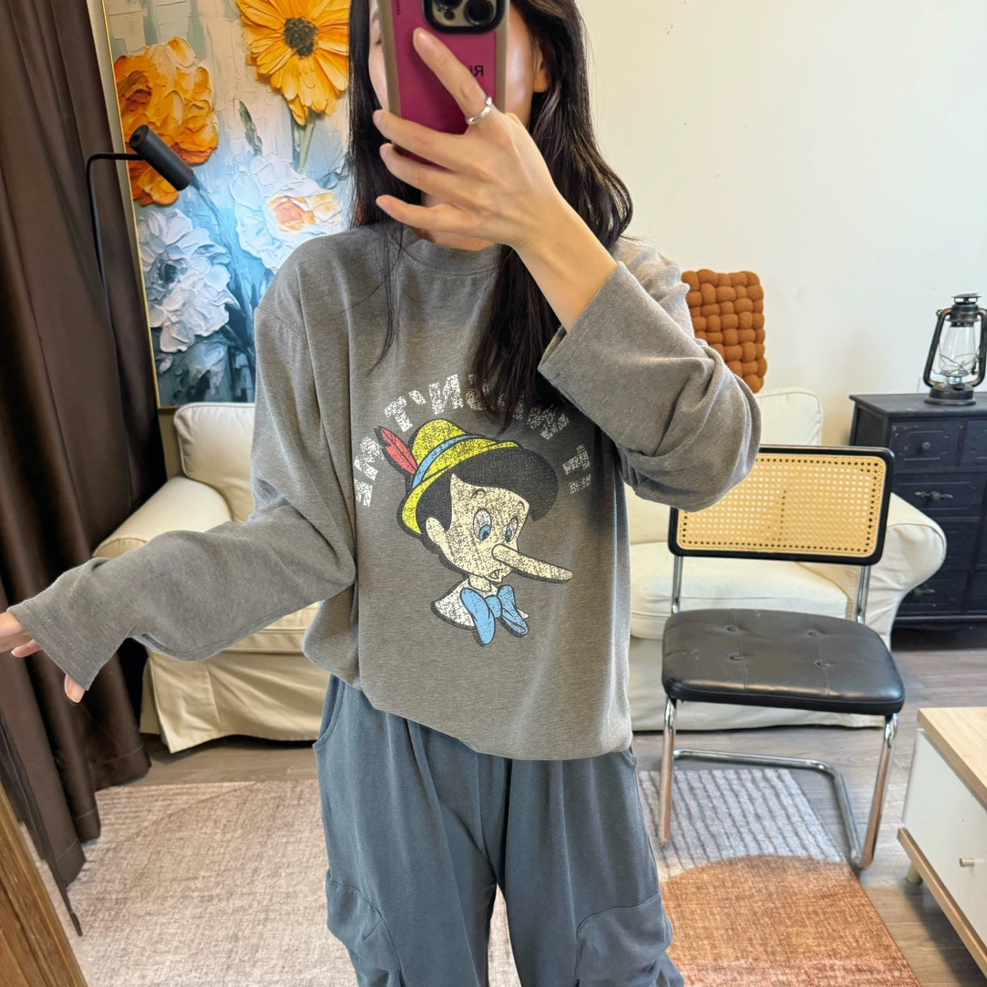 百搭超级好穿的t！韩国东大门代购弹力做旧皮诺曹宽松版长袖t恤
